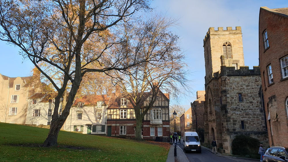 St-Mary-le-Bow church and Dun Cow Lane, Durham pictured from the Bailey