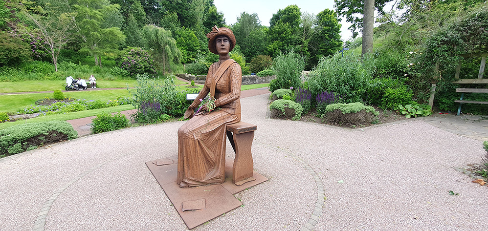Suffragette, Emily Wilding Davison depicted in sculpture by Ray Lonsdale in Morpeth's Carlisle Park