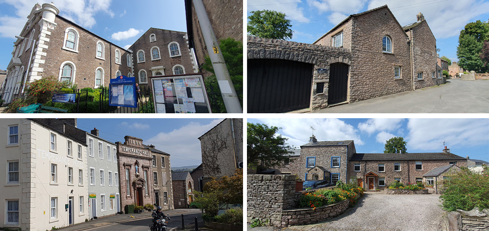 Kirkby Stephen clockwise from top ;left : Georgian chapel; Old smithy; Melbecks House; Temperance Hall 